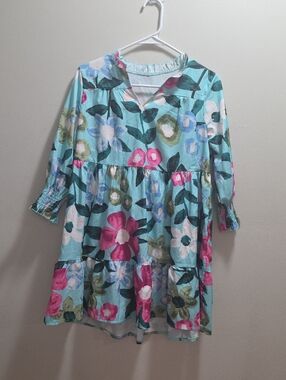 Aqua Floral Tiered Casual Dress with Smocked Cuffs